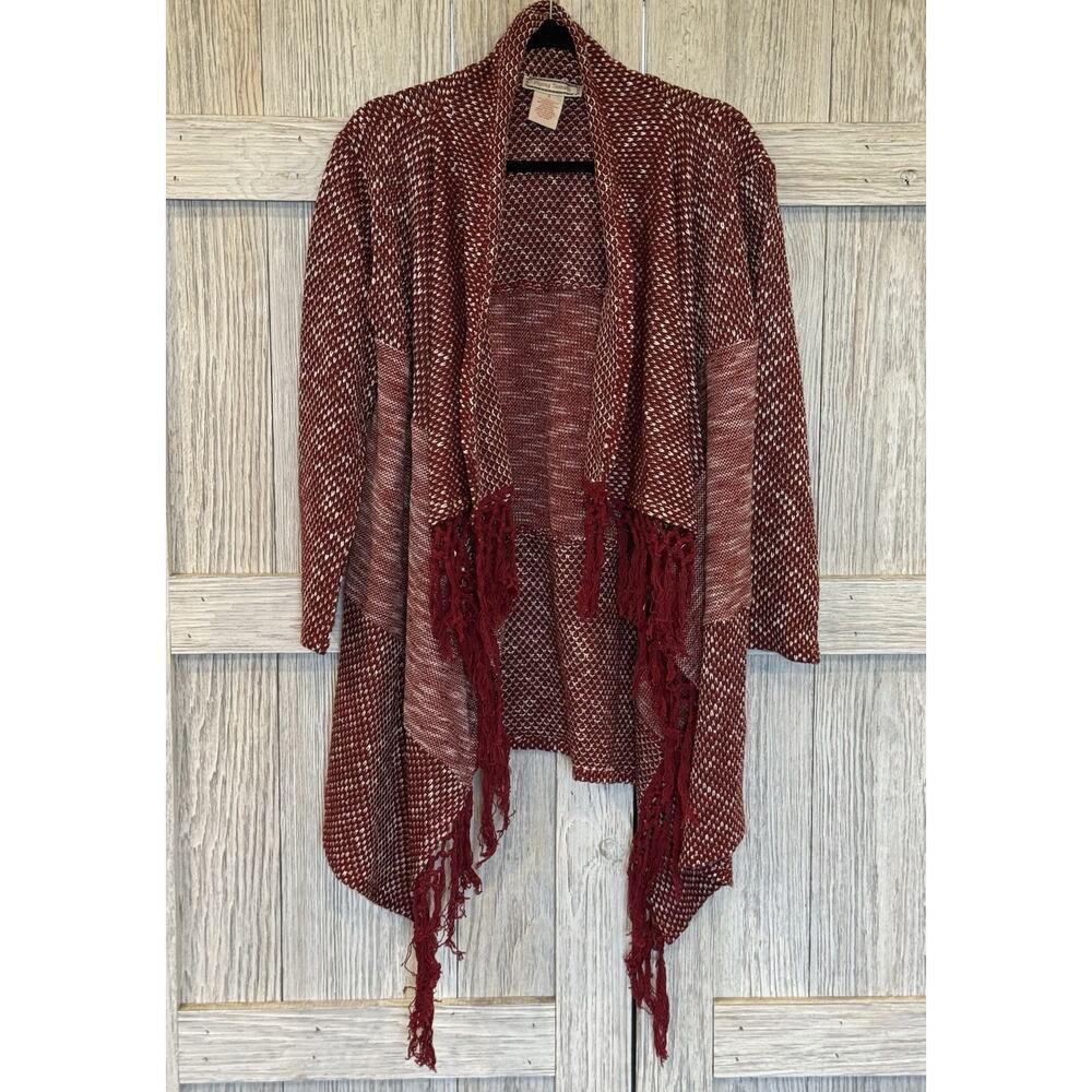 Flying Tomato Women’s Long Sleeve Fringe Open Knit Cardigan Shawl Size Small Red